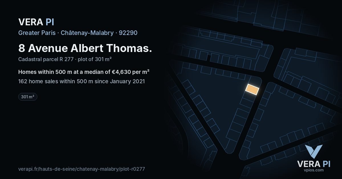 8 Avenue Albert Thomas, Châtenay-Malabry at night – the plot lit, the parcels around coloured by the prices near them