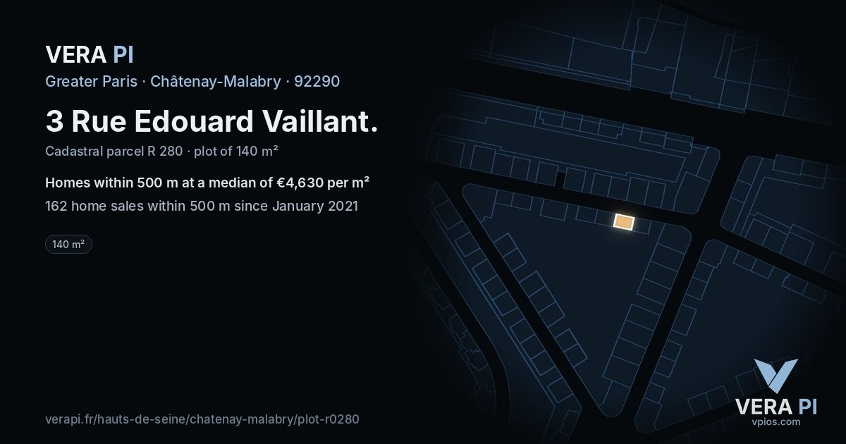 3 Rue Edouard Vaillant, Châtenay-Malabry at night – the plot lit, the parcels around coloured by the prices near them