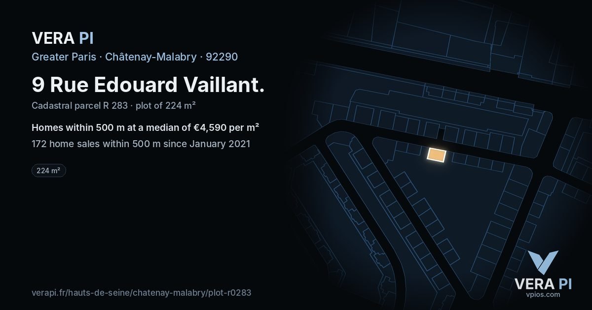 9 Rue Edouard Vaillant, Châtenay-Malabry at night – the plot lit, the parcels around coloured by the prices near them
