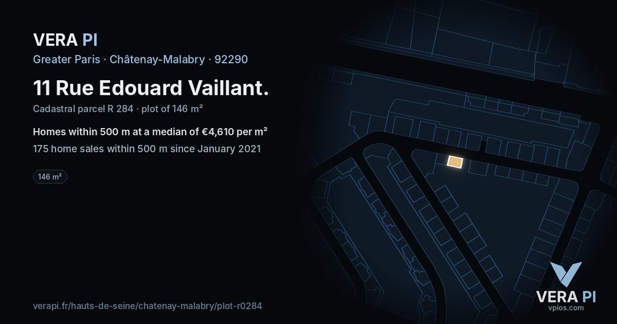 11 Rue Edouard Vaillant, Châtenay-Malabry at night – the plot lit, the parcels around coloured by the prices near them