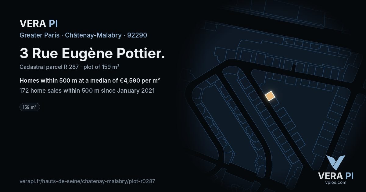 3 Rue Eugène Pottier, Châtenay-Malabry at night – the plot lit, the parcels around coloured by the prices near them