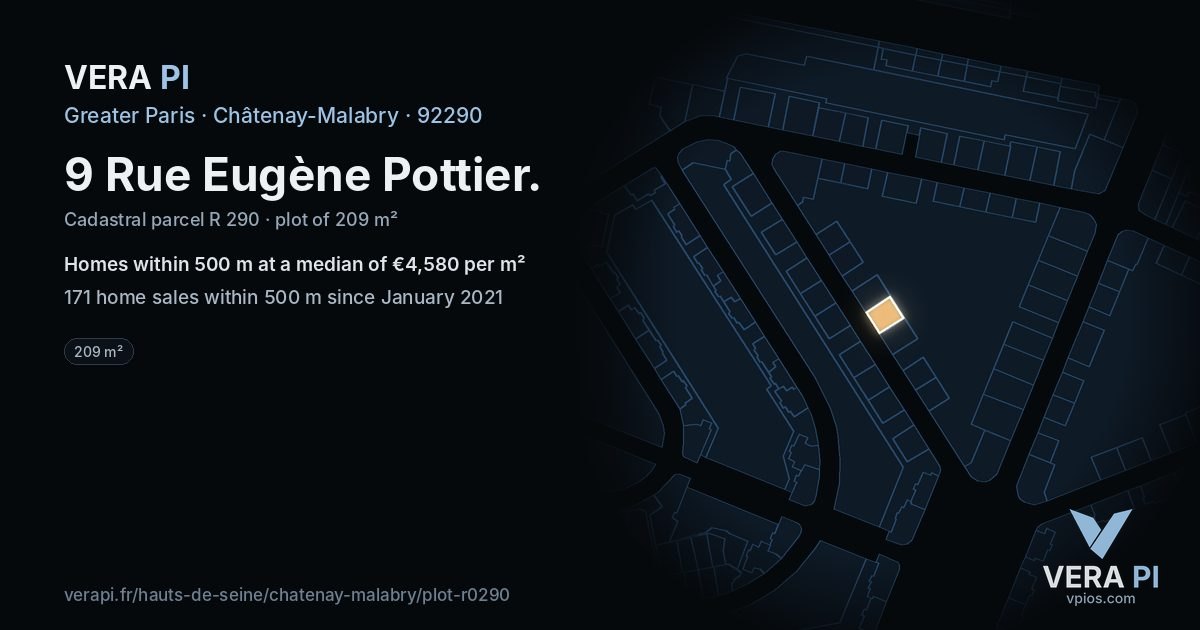 9 Rue Eugène Pottier, Châtenay-Malabry at night – the plot lit, the parcels around coloured by the prices near them
