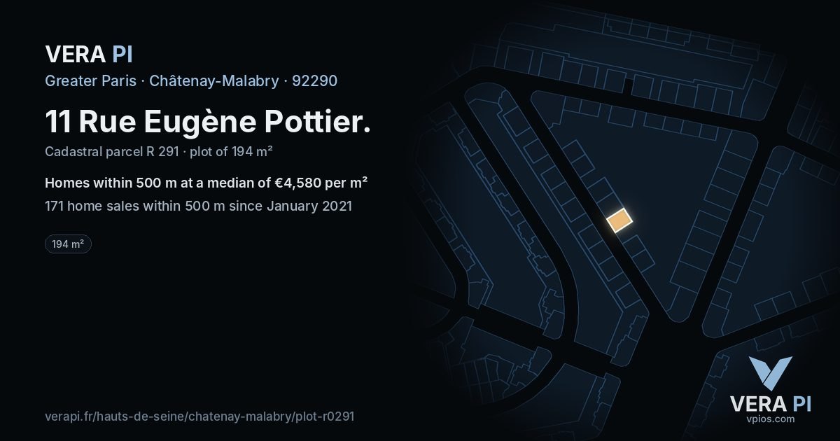 11 Rue Eugène Pottier, Châtenay-Malabry at night – the plot lit, the parcels around coloured by the prices near them