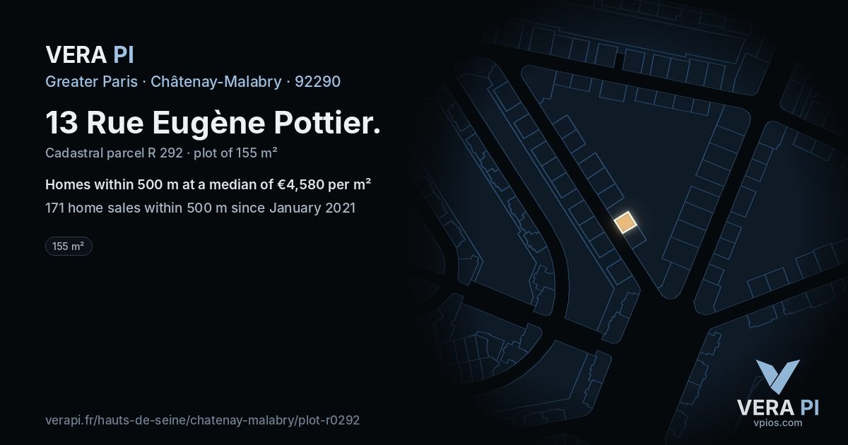 13 Rue Eugène Pottier, Châtenay-Malabry at night – the plot lit, the parcels around coloured by the prices near them