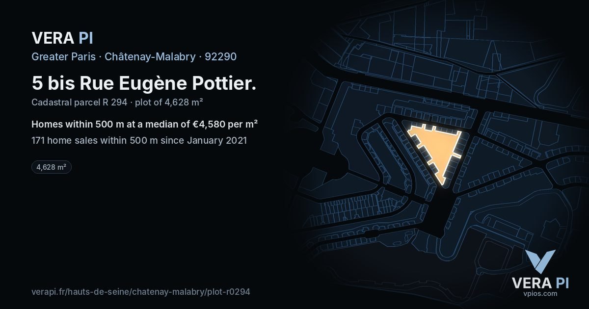 5 bis Rue Eugène Pottier, Châtenay-Malabry at night – the plot lit, the parcels around coloured by the prices near them