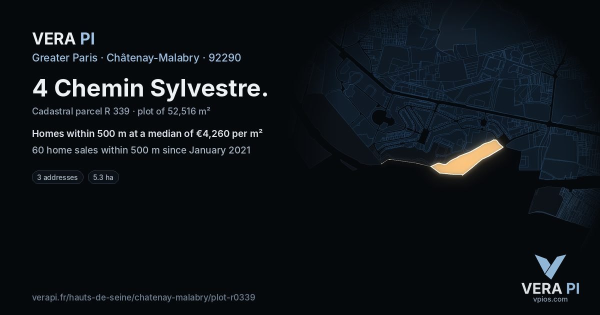 4 Chemin Sylvestre, Châtenay-Malabry at night – the plot lit, the parcels around coloured by the prices near them