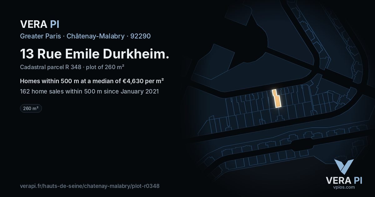 13 Rue Emile Durkheim, Châtenay-Malabry at night – the plot lit, the parcels around coloured by the prices near them