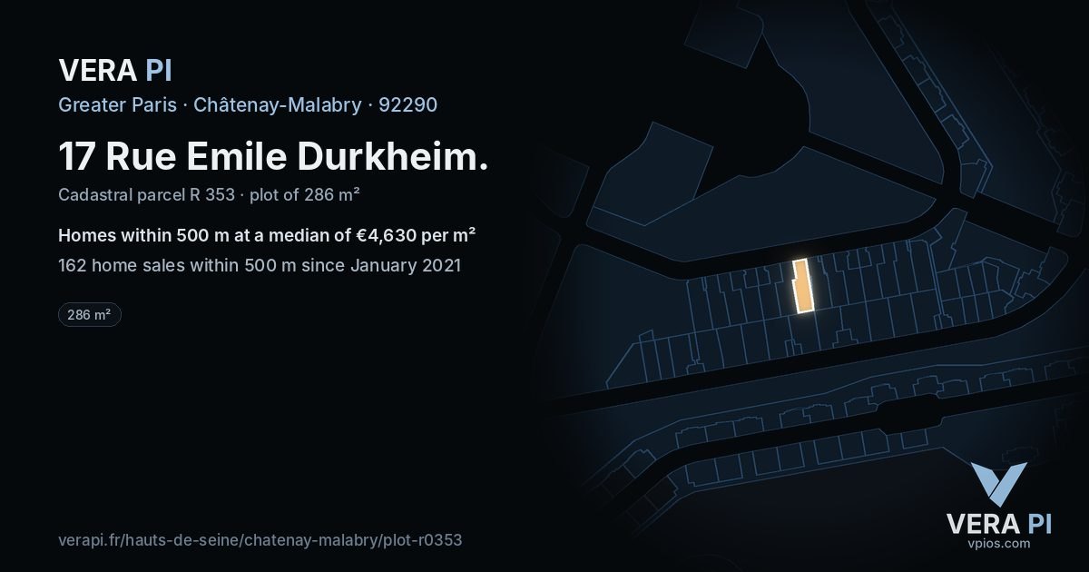 17 Rue Emile Durkheim, Châtenay-Malabry at night – the plot lit, the parcels around coloured by the prices near them
