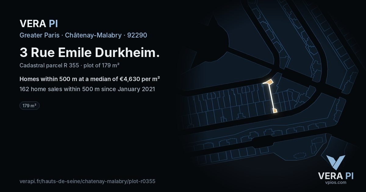 3 Rue Emile Durkheim, Châtenay-Malabry at night – the plot lit, the parcels around coloured by the prices near them