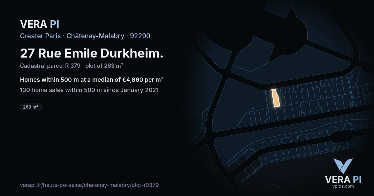 27 Rue Emile Durkheim, Châtenay-Malabry at night – the plot lit, the parcels around coloured by the prices near them