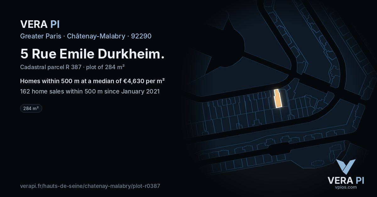 5 Rue Emile Durkheim, Châtenay-Malabry at night – the plot lit, the parcels around coloured by the prices near them