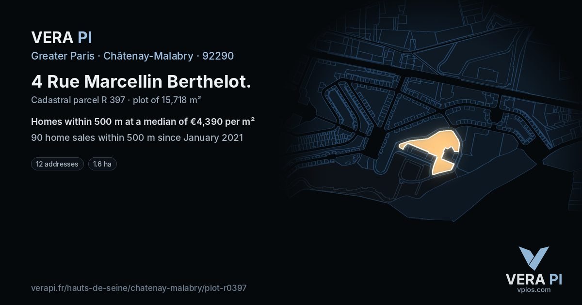 4 Rue Marcellin Berthelot, Châtenay-Malabry at night – the plot lit, the parcels around coloured by the prices near them