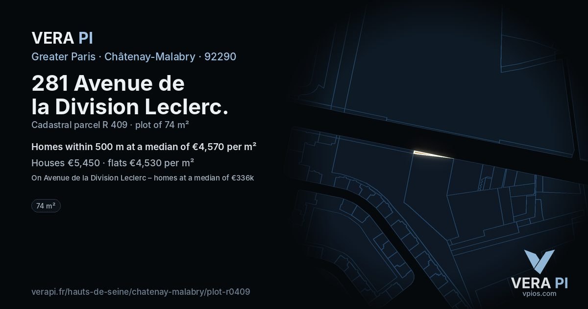 281 Avenue de la Division Leclerc, Châtenay-Malabry at night – the plot lit, the parcels around coloured by the prices near them
