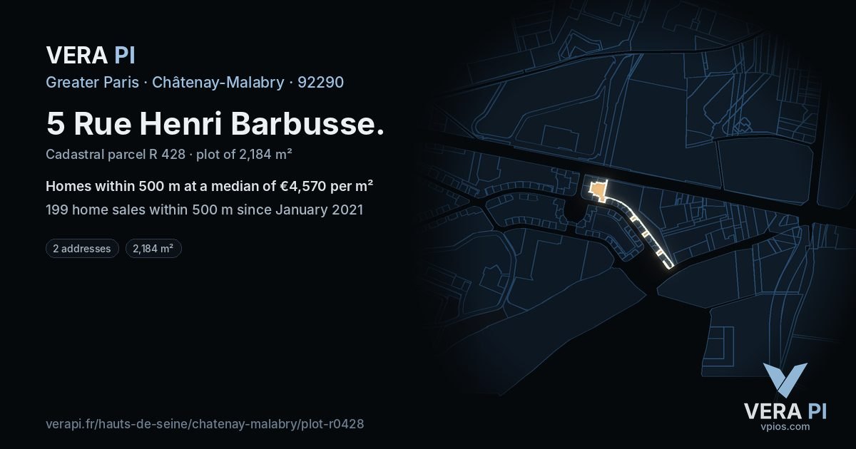 5 Rue Henri Barbusse, Châtenay-Malabry at night – the plot lit, the parcels around coloured by the prices near them