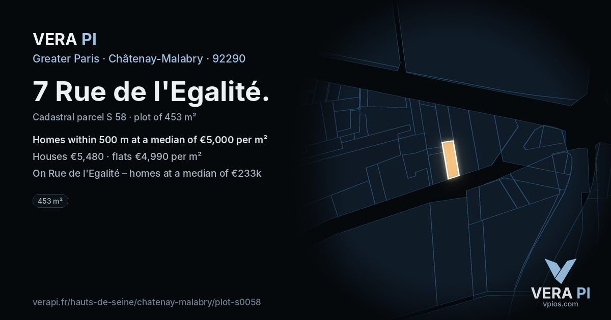 7 Rue de l'Egalité, Châtenay-Malabry at night – the plot lit, the parcels around coloured by the prices near them