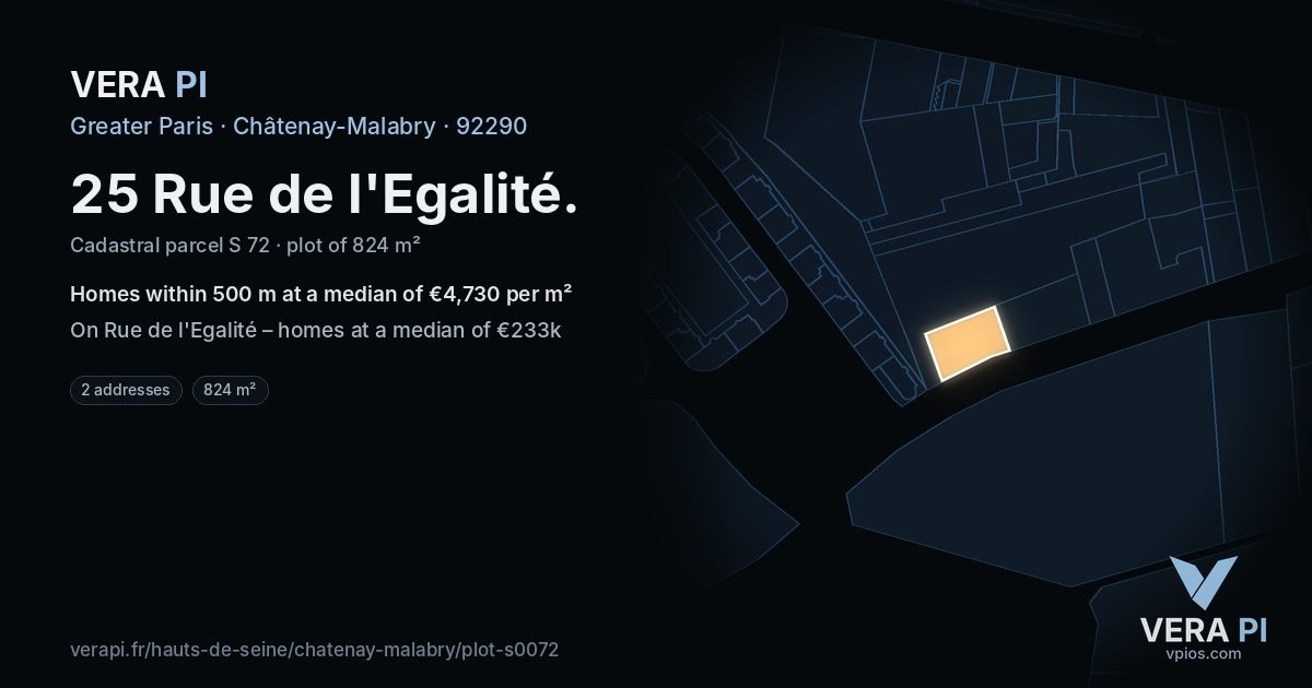 25 Rue de l'Egalité, Châtenay-Malabry at night – the plot lit, the parcels around coloured by the prices near them