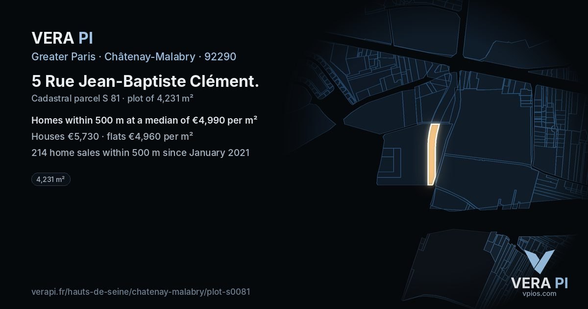 5 Rue Jean-Baptiste Clément, Châtenay-Malabry at night – the plot lit, the parcels around coloured by the prices near them