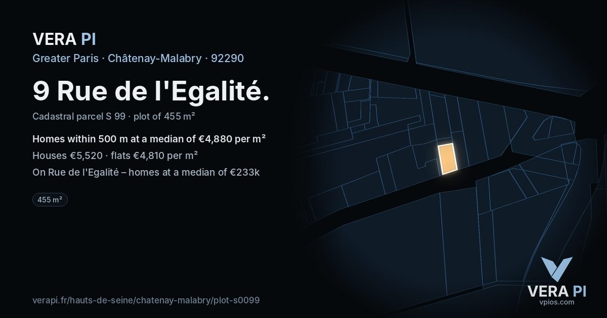 9 Rue de l'Egalité, Châtenay-Malabry at night – the plot lit, the parcels around coloured by the prices near them
