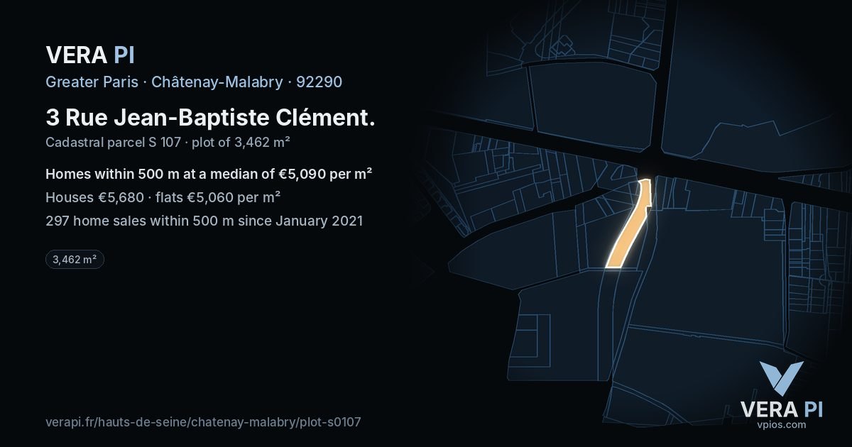 3 Rue Jean-Baptiste Clément, Châtenay-Malabry at night – the plot lit, the parcels around coloured by the prices near them