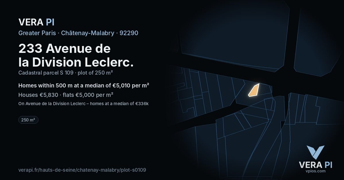 233 Avenue de la Division Leclerc, Châtenay-Malabry at night – the plot lit, the parcels around coloured by the prices near them
