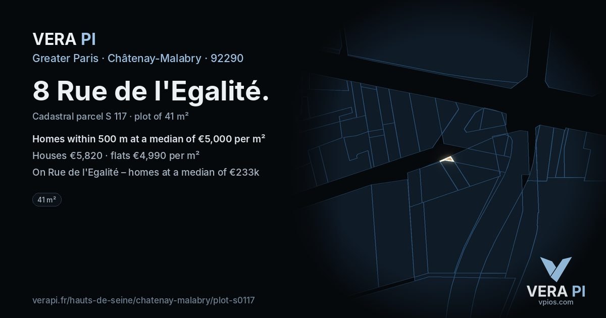 8 Rue de l'Egalité, Châtenay-Malabry at night – the plot lit, the parcels around coloured by the prices near them
