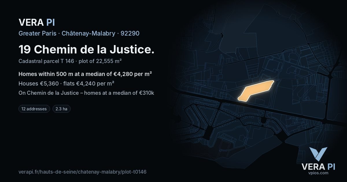 19 Chemin de la Justice, Châtenay-Malabry at night – the plot lit, the parcels around coloured by the prices near them