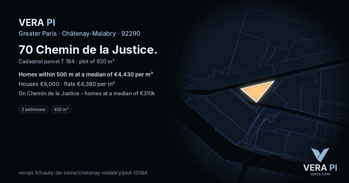 70 Chemin de la Justice, Châtenay-Malabry at night – the plot lit, the parcels around coloured by the prices near them