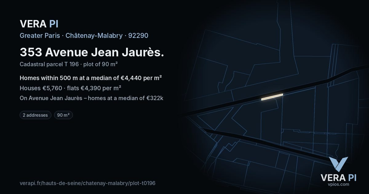 353 Avenue Jean Jaurès, Châtenay-Malabry at night – the plot lit, the parcels around coloured by the prices near them