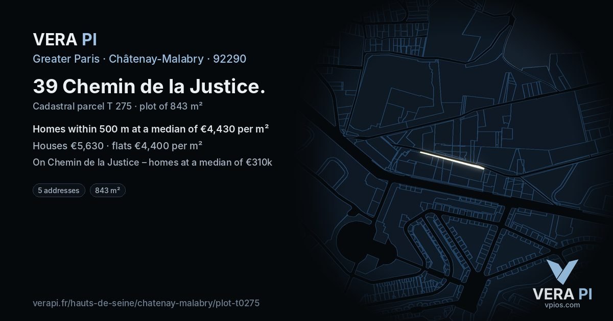 39 Chemin de la Justice, Châtenay-Malabry at night – the plot lit, the parcels around coloured by the prices near them