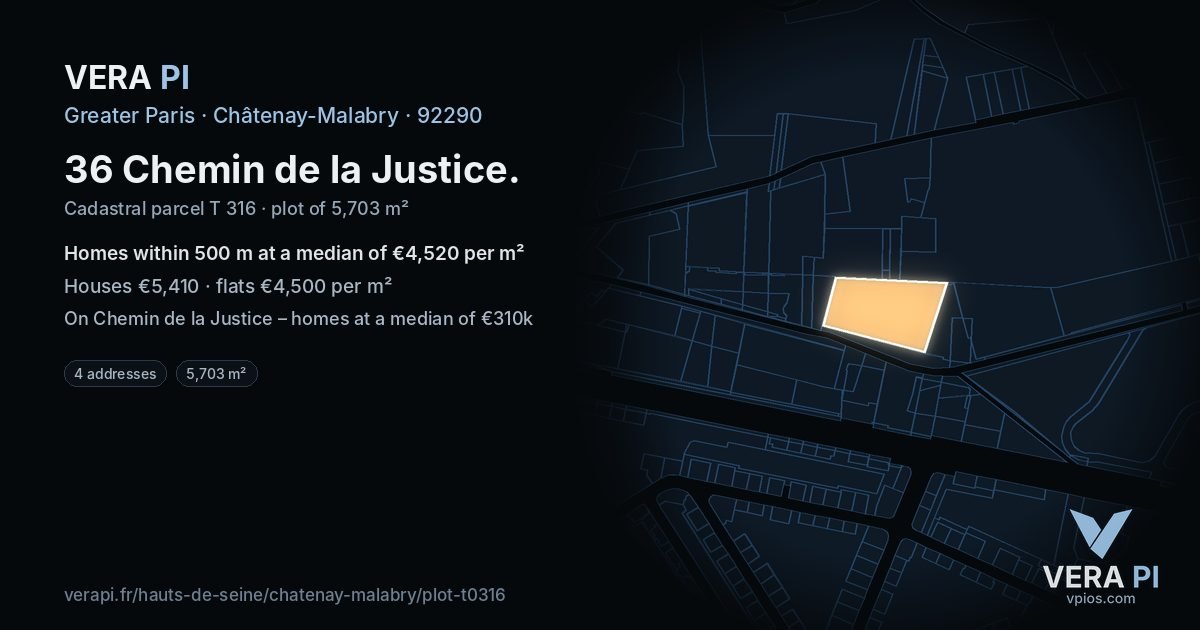 36 Chemin de la Justice, Châtenay-Malabry at night – the plot lit, the parcels around coloured by the prices near them