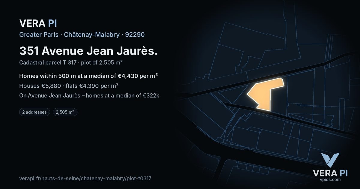 351 Avenue Jean Jaurès, Châtenay-Malabry at night – the plot lit, the parcels around coloured by the prices near them