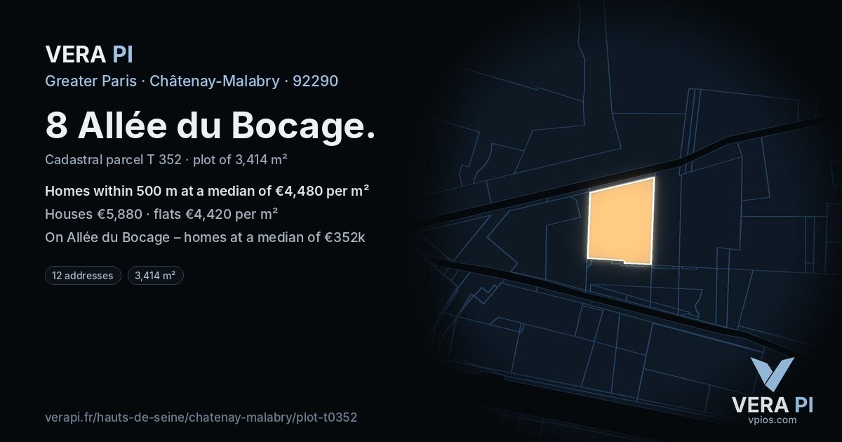 8 Allée du Bocage, Châtenay-Malabry at night – the plot lit, the parcels around coloured by the prices near them