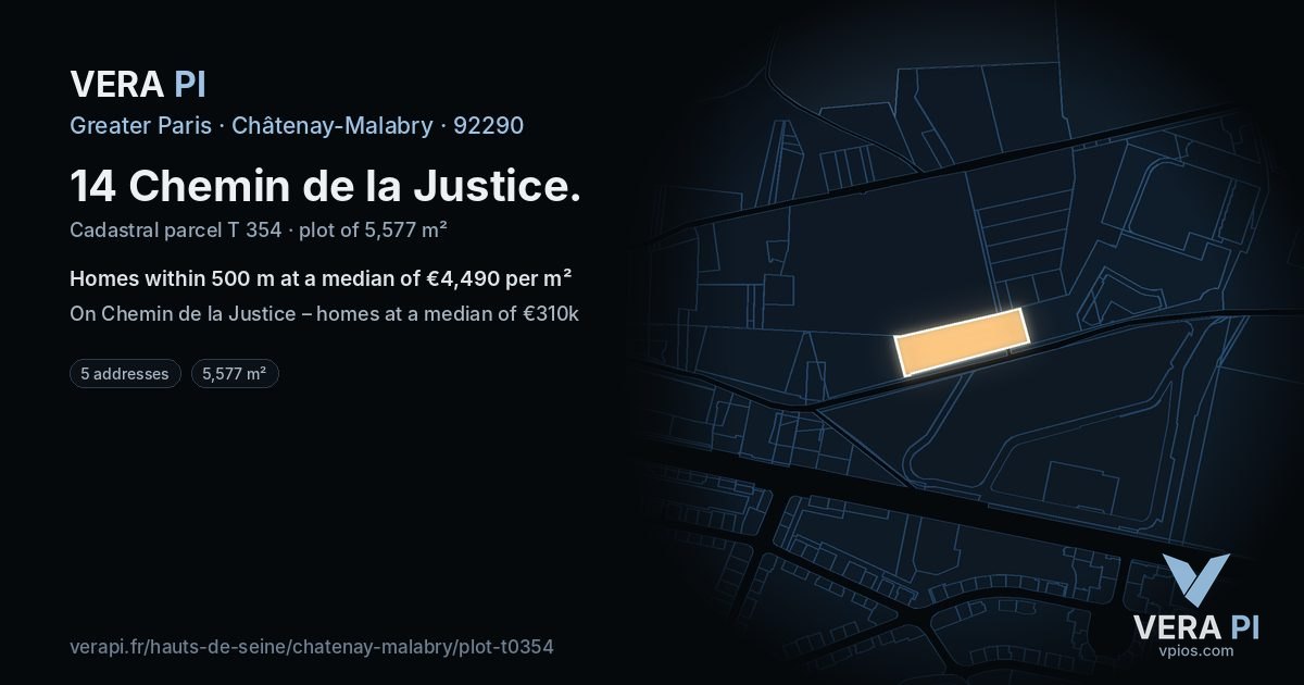 14 Chemin de la Justice, Châtenay-Malabry at night – the plot lit, the parcels around coloured by the prices near them