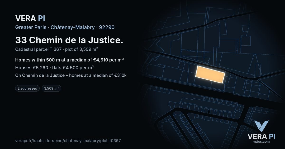 33 Chemin de la Justice, Châtenay-Malabry at night – the plot lit, the parcels around coloured by the prices near them