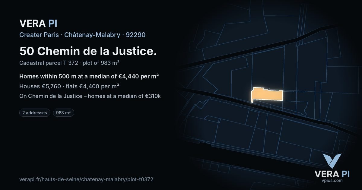 50 Chemin de la Justice, Châtenay-Malabry at night – the plot lit, the parcels around coloured by the prices near them