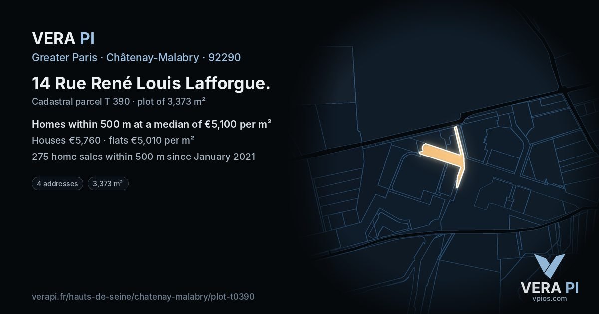 14 Rue René Louis Lafforgue, Châtenay-Malabry at night – the plot lit, the parcels around coloured by the prices near them