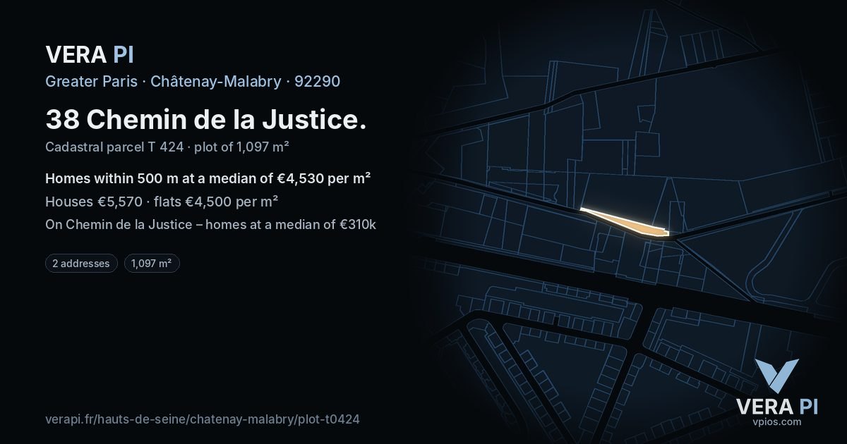 38 Chemin de la Justice, Châtenay-Malabry at night – the plot lit, the parcels around coloured by the prices near them