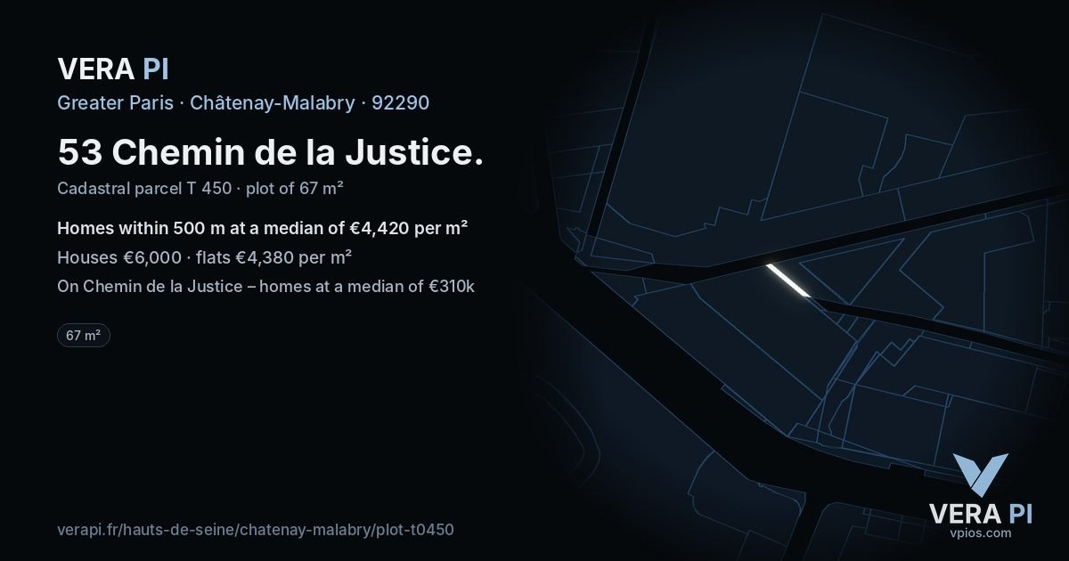 53 Chemin de la Justice, Châtenay-Malabry at night – the plot lit, the parcels around coloured by the prices near them