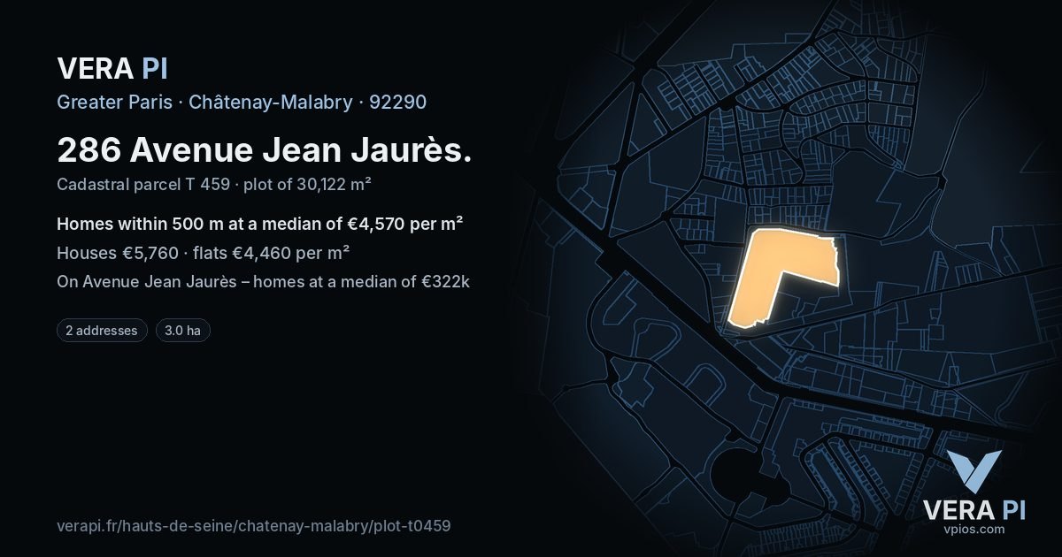 286 Avenue Jean Jaurès, Châtenay-Malabry at night – the plot lit, the parcels around coloured by the prices near them