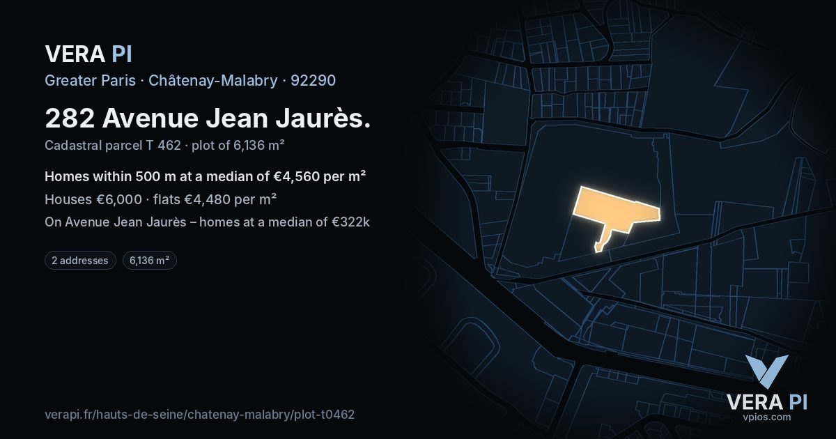 282 Avenue Jean Jaurès, Châtenay-Malabry at night – the plot lit, the parcels around coloured by the prices near them