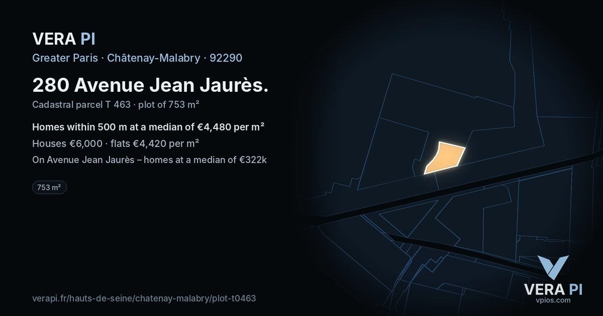 280 Avenue Jean Jaurès, Châtenay-Malabry at night – the plot lit, the parcels around coloured by the prices near them