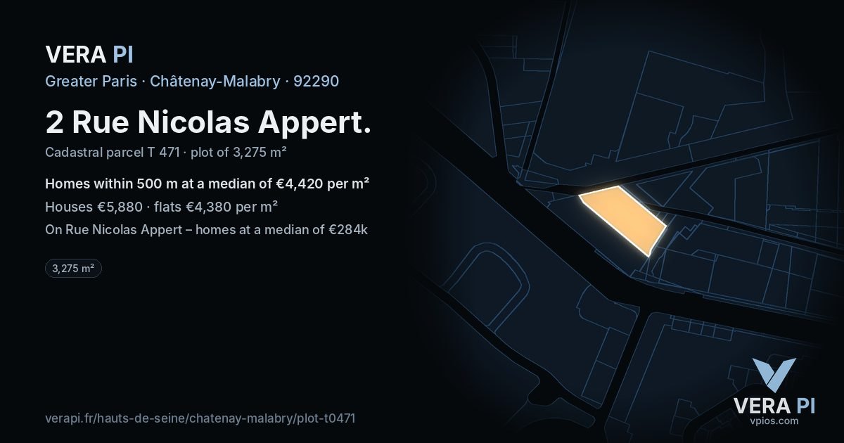 2 Rue Nicolas Appert, Châtenay-Malabry at night – the plot lit, the parcels around coloured by the prices near them