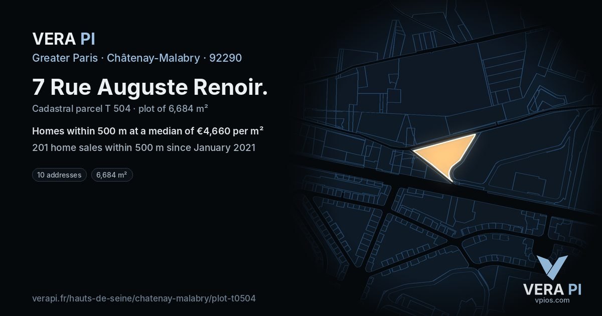 7 Rue Auguste Renoir, Châtenay-Malabry at night – the plot lit, the parcels around coloured by the prices near them