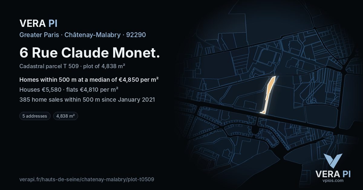 6 Rue Claude Monet, Châtenay-Malabry at night – the plot lit, the parcels around coloured by the prices near them