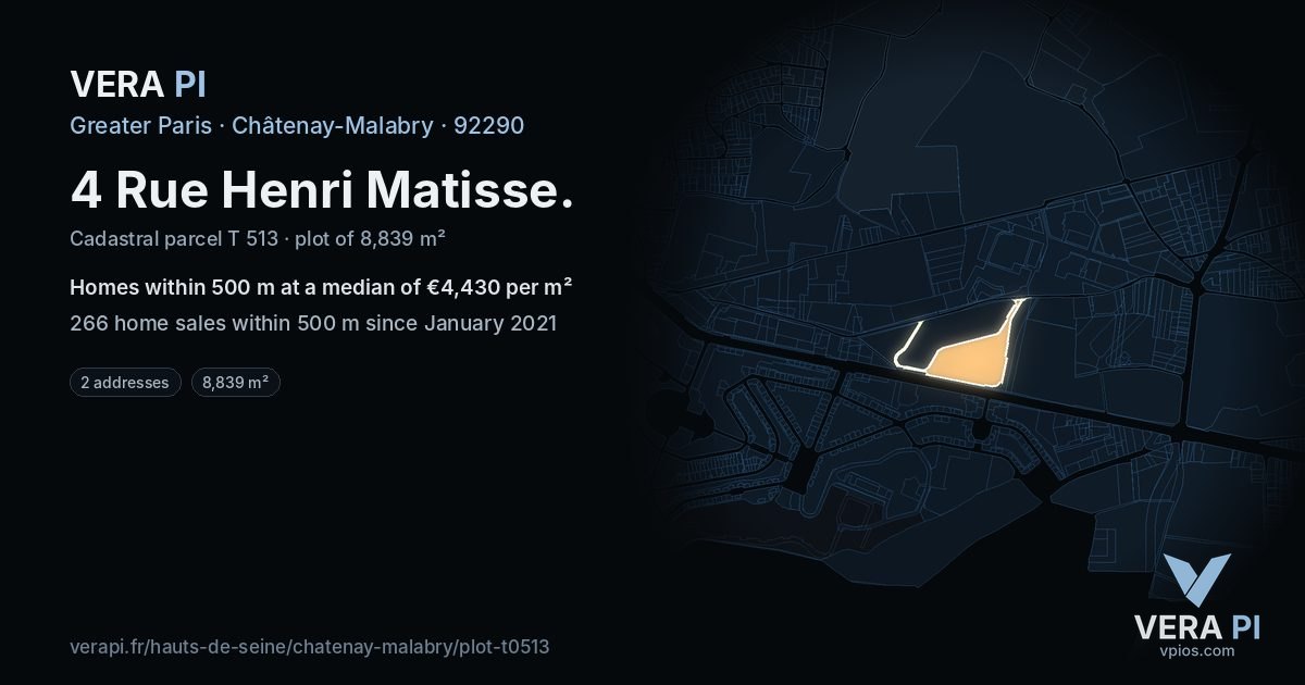 4 Rue Henri Matisse, Châtenay-Malabry at night – the plot lit, the parcels around coloured by the prices near them