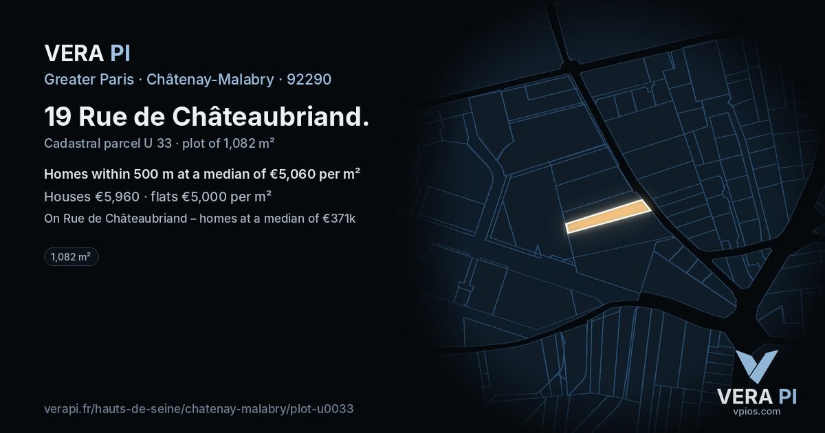 19 Rue de Châteaubriand, Châtenay-Malabry at night – the plot lit, the parcels around coloured by the prices near them