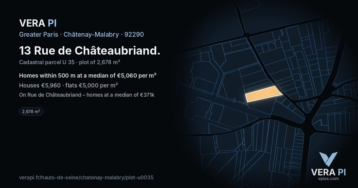 13 Rue de Châteaubriand, Châtenay-Malabry at night – the plot lit, the parcels around coloured by the prices near them