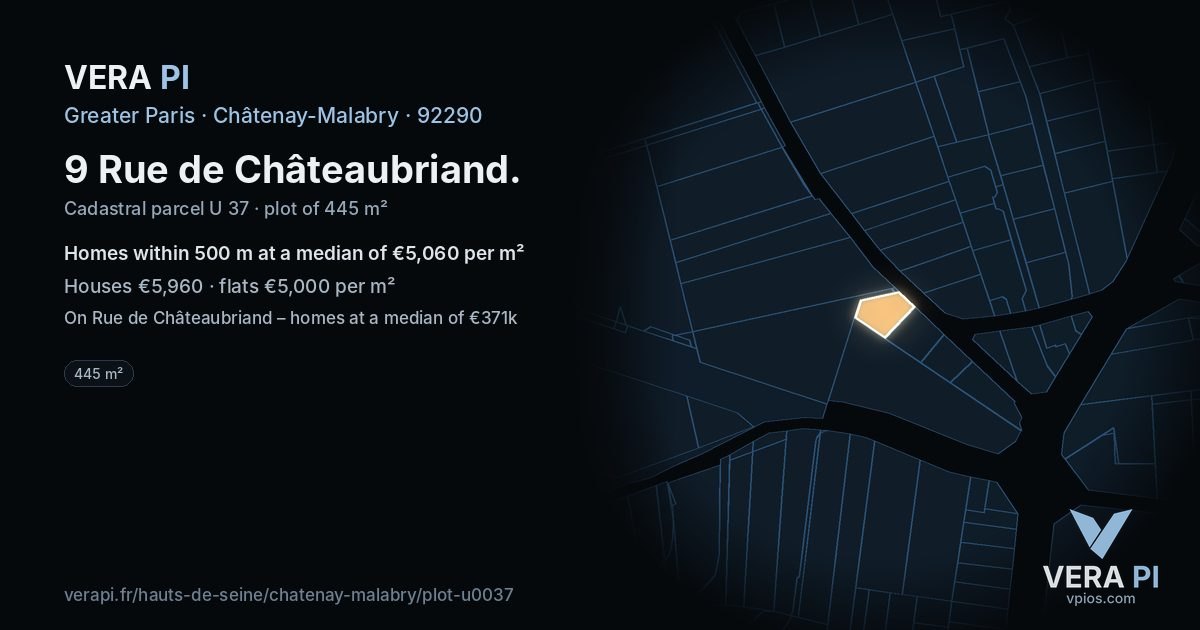 9 Rue de Châteaubriand, Châtenay-Malabry at night – the plot lit, the parcels around coloured by the prices near them
