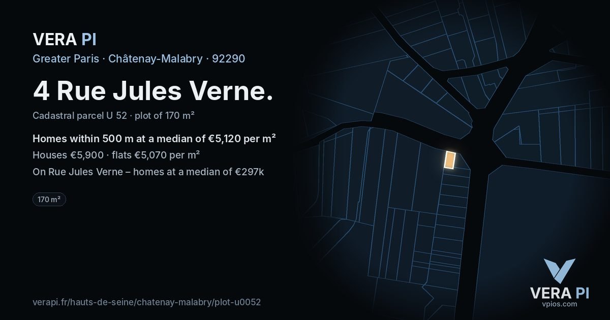 4 Rue Jules Verne, Châtenay-Malabry at night – the plot lit, the parcels around coloured by the prices near them
