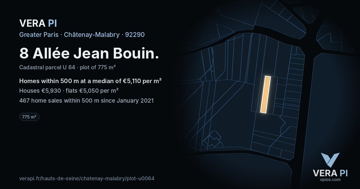 8 Allée Jean Bouin, Châtenay-Malabry at night – the plot lit, the parcels around coloured by the prices near them